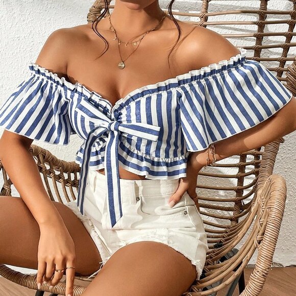 White & Blue Boho Womens Striped Off Shoulder Knot Front Frill Trim Crop Blouse - Picture 2 of 5